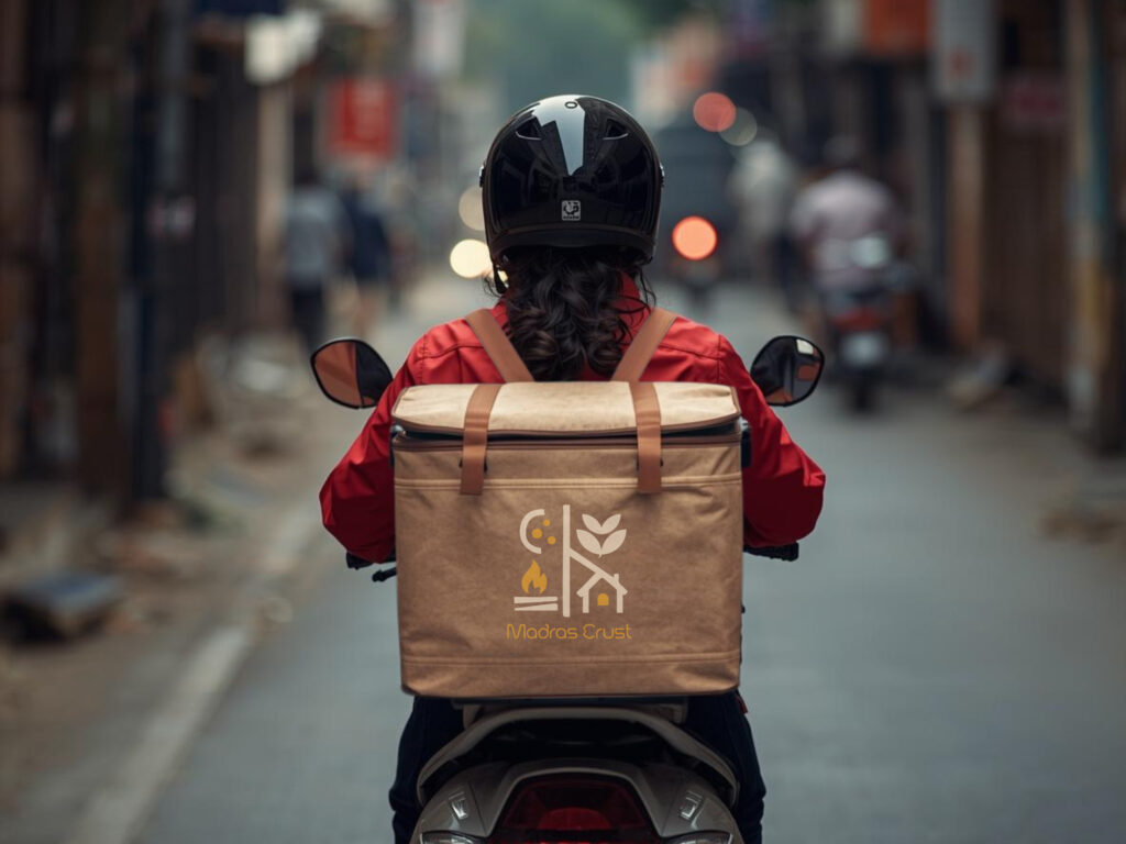 Madras Crust Delivery Rider box mockup - Scribbled Space