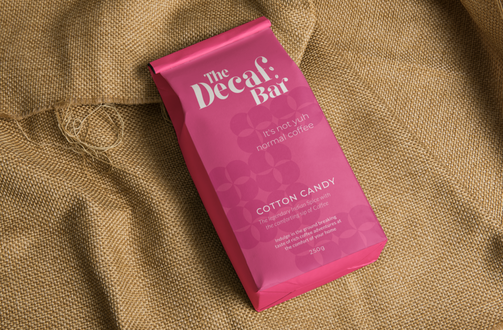 The Decaf Bar - The Decaf Bar - Cotton candy Coffee packaging bag mockup by Scribbled Space