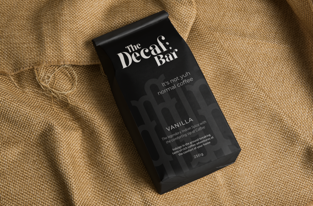 The Decaf Bar - The Decaf Bar - Vanilla Coffee packaging bag mockup By Scribbled Space